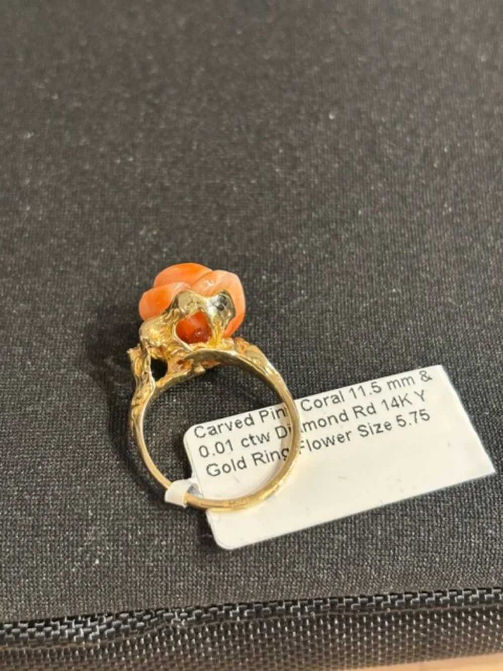 Carved Pink Coral ring w/Diamond 14K Gold